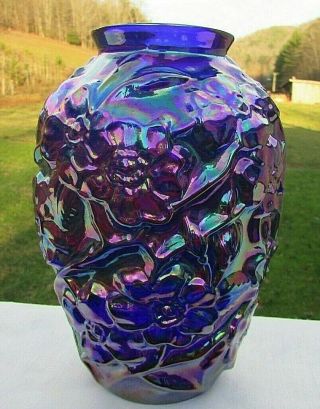 Fenton Vintage Cobalt Blue Carnival Glass Dogwood Embossed Vase 7 " H Rare