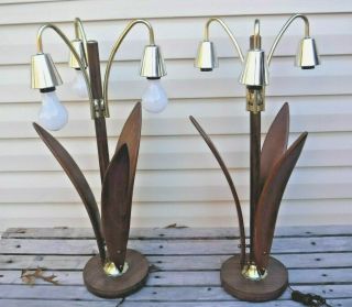 Vintage Mid Century Mod Teak Wood Accent 3 Head Table Lamp Pair - Way Cool