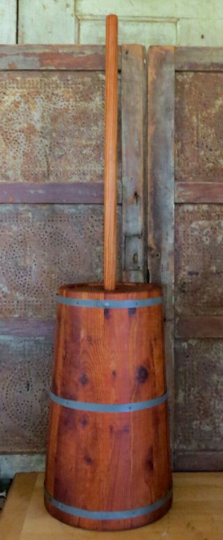 Complete Old Wood Wooden Butter Churn W Metal Bands Lid & Dasher Coloring