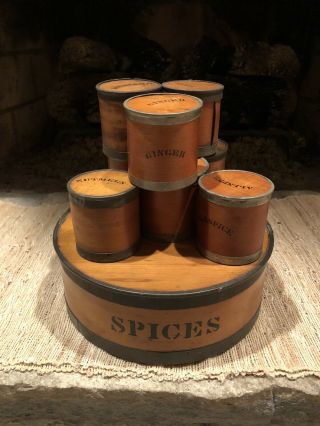 Antique Primitive Bent Wood Round Spice Box With 8 Spice Wood Canisters Aaff
