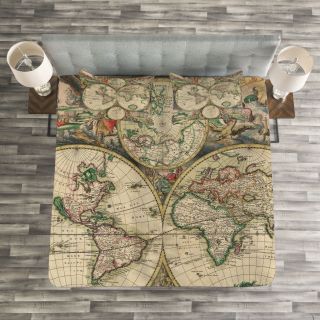 World Map Quilted Bedspread & Pillow Shams Set,  Antique Vintage Art Print