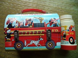 Vintage Walt Disney Character Metal Fire Fighters Lunch Box,  With Thermos.
