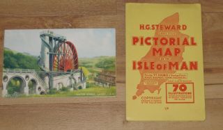 Vintage Pictorial Map Of Isle Of Man,  History Of The Laxey Wheel 1854 - 1954