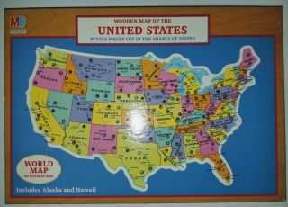 Vintage 1988 Wooden Map Of The United States And World Map - Milton Bradley -