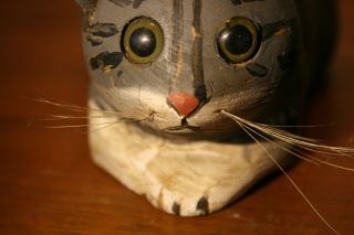 Old Carved Wood Folk Art Cat Glass Eyes Primitive Sculpture American Carving