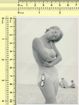 Swimsuit Woman On Beach With Goggles Lady Abstract Portrait Swimwear Old Photo