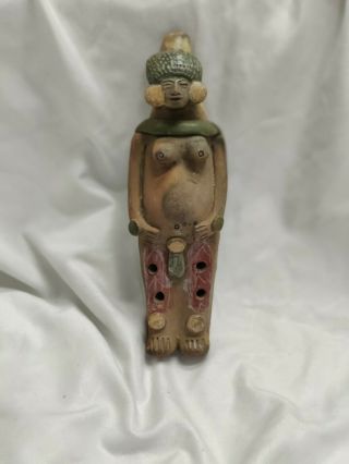 Vintage Mexican Folk Art Ceramic Clay Mayan Woman Flute Musical Instrument