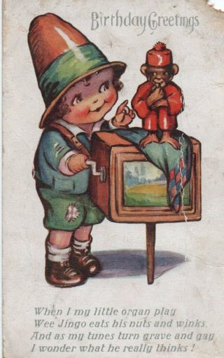 Vintage Birthday Greeting Postcard: Little Boy Barrel Organ Grinder & Monkey