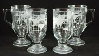Vintage Nestle Glass World Globe Map Irish Coffee Pedestal Mugs - Set Of 4