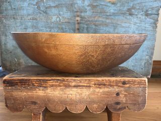 Early Antique Primitive Turned Wood Dough Bowl Out Of Round 14 3/4 " Patina