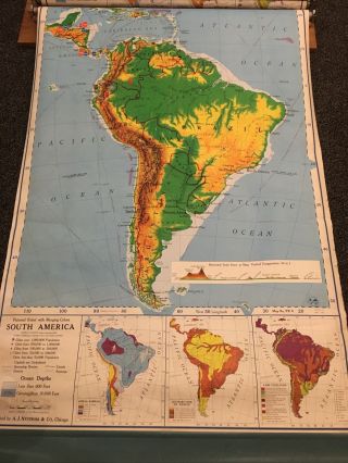 Vintage Nystrom School Pull Down Map W/bracket South America 44”wide 66” Long