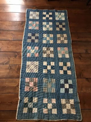 Early Antique Blue Calico Hand Sewn Quilt Textile Aafa Hired Mans Bed