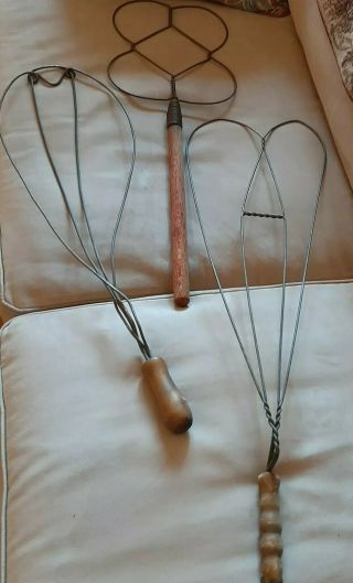 Set Of 3 Wire Vintage Rug Beaters,  Wood Handles