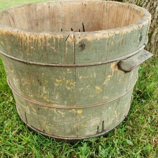 Antique Primitive Great Old Patina Green Paint Wood Bucket Pail Wash Tub 16 " W