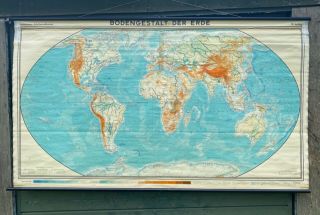 A Stunning Vintage Pull Down Geographical Map Of The World C1965