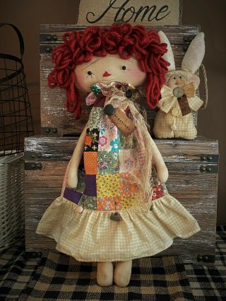 Folk Art Primitive Spring Chick Rabbit Vintage Fabric Dress Raggedy Ann Doll Tag