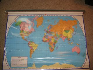 Vintage Large Pull Down World Wall Map - - School Nystrom Ins 98 - 0 63 " X 45 "