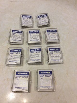 Vintage Box Of Moore 100 Series Gray Map - Tacks - Push Pins 10 Plastic Boxes Full