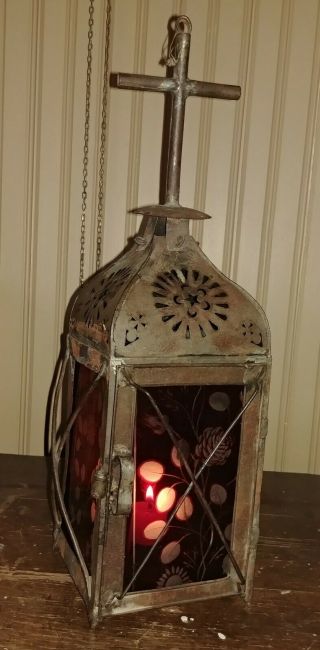 Unusual 19th Century Pierced Tin Processional Lantern With Flash Glass Panels