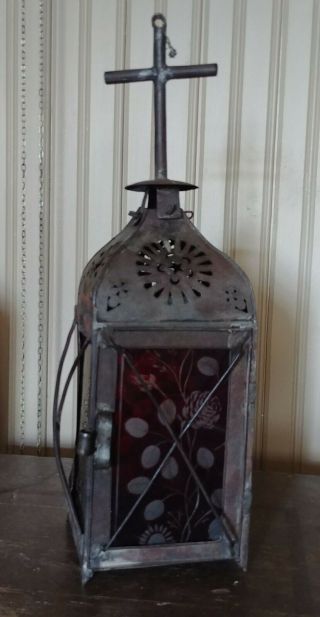 Unusual 19th Century Pierced Tin Processional Lantern With Flash Glass Panels 2