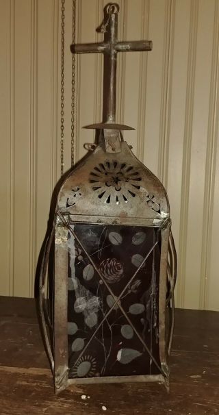 Unusual 19th Century Pierced Tin Processional Lantern With Flash Glass Panels 3