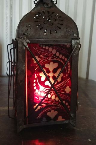 Unusual 19th Century Pierced Tin Processional Lantern With Flash Glass Panels 6