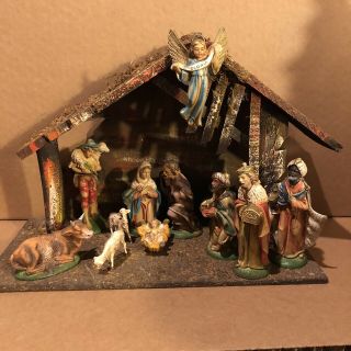 Vintage Italian Nativity Set With 11 Figures Wooden Creche Manger Made In Italy