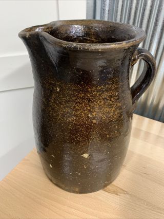 Antique Primitive Stoneware Turned Pitcher Dark Brown Glaze