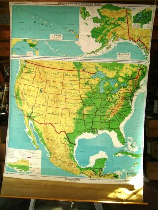 Antique Usa And Mexico Map W/ Ak & Hi Vintage Pull Down School Map Wall Hanging