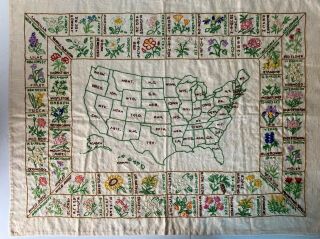 Vintage Paragon Needlecraft Usa Map State Flowers Completed Embroidered Crewel