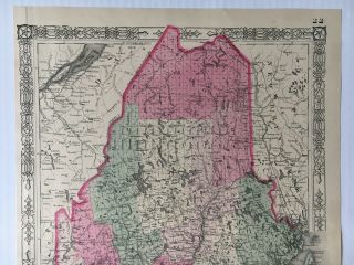 Vintage ca 1864 Johnson and Ward Johnson ' s Hand - colored Map of Maine 2