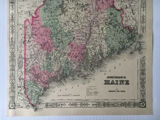 Vintage ca 1864 Johnson and Ward Johnson ' s Hand - colored Map of Maine 3