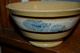 Antique Small Blue Seaweed Mocha Yellow Ware Mixing Bowl