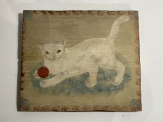 Vintage American Folk Art Painting Of A White Cat Signed