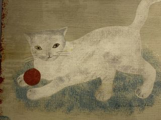 Vintage American Folk Art Painting Of A White Cat Signed 2