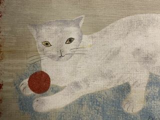 Vintage American Folk Art Painting Of A White Cat Signed 3