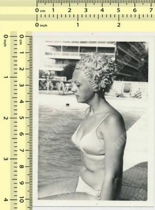 Bikini Woman Beach Pool Swimwear Lady Swim Cap Abstract Portrait Vintage Photo