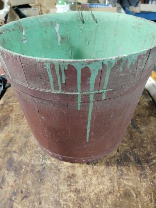 Antique Primitive Shaker Wooden Red/green Painted Wood Sap Bucket