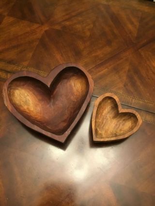 X Large And Small Hand Carved Wooden Heart Shaped Bowls