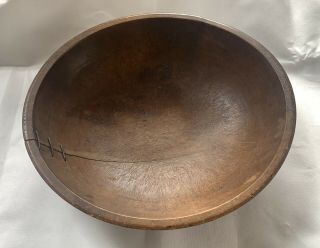 Large Antique Primitive Wooden Dough Bowl With Recent Leather Repair