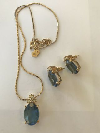 Vtg Christian Dior Necklace & Earrings Set Blue Stones Rhinestones