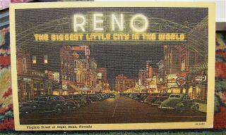 Reno Nevada Postcard - - - 1948 - - - - Virginia Street At Night - - - Vintage