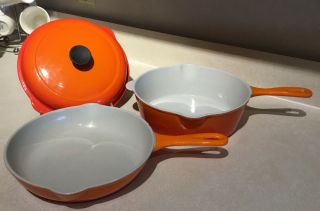 2 Vintage Le Creuset Flame Orange Cast Iron Fry Pan And 23 Lid Made In France