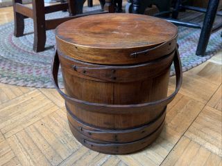 Mid To Late 19th Century Firkin Natural Surface W Lapped Base & Lid Good Example