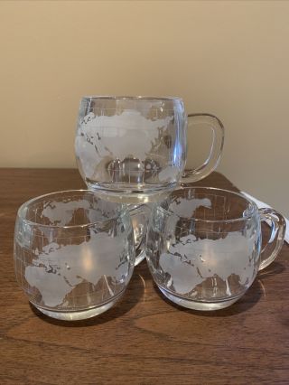 4 Vintage Nestle Nescafe Etched Clear Glass World Globe Map Coffee Mugs/cups Euc
