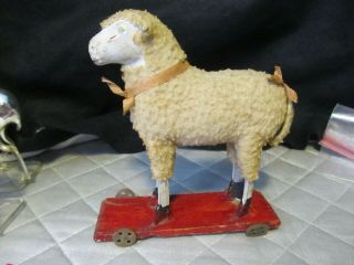 Antique Wooly Lamb Sheep On Wheels.  Pull Toy.