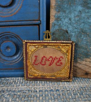 Cross Stitch On Linen Love Sampler Antique Tin Type Leather Frame W Heart Clasp