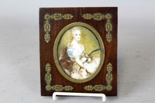 GREAT SIGNED MINIATURE 19TH C OIL/BONE PORTRAIT OF A WOMAN HOLDING A BOW 2