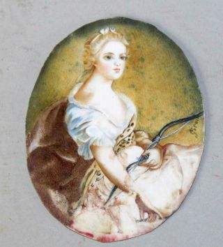 GREAT SIGNED MINIATURE 19TH C OIL/BONE PORTRAIT OF A WOMAN HOLDING A BOW 3