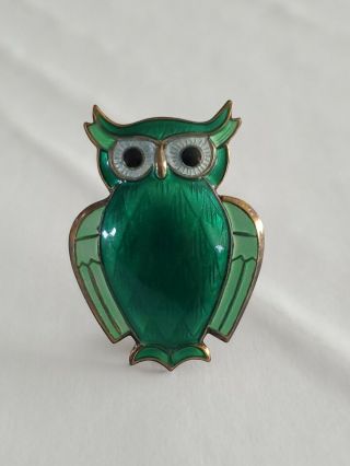 Vintage David Andersen Owl Brooch Norwegian Sterling Silver,  Green Enamel